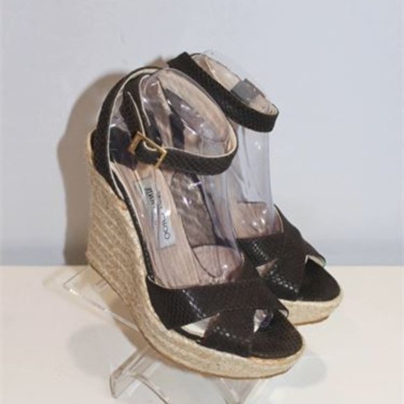Jimmy Choo Brown Python Embossed Ankle Strap Wedge Shoes (Box & Dustbag) - Picture 4 of 15